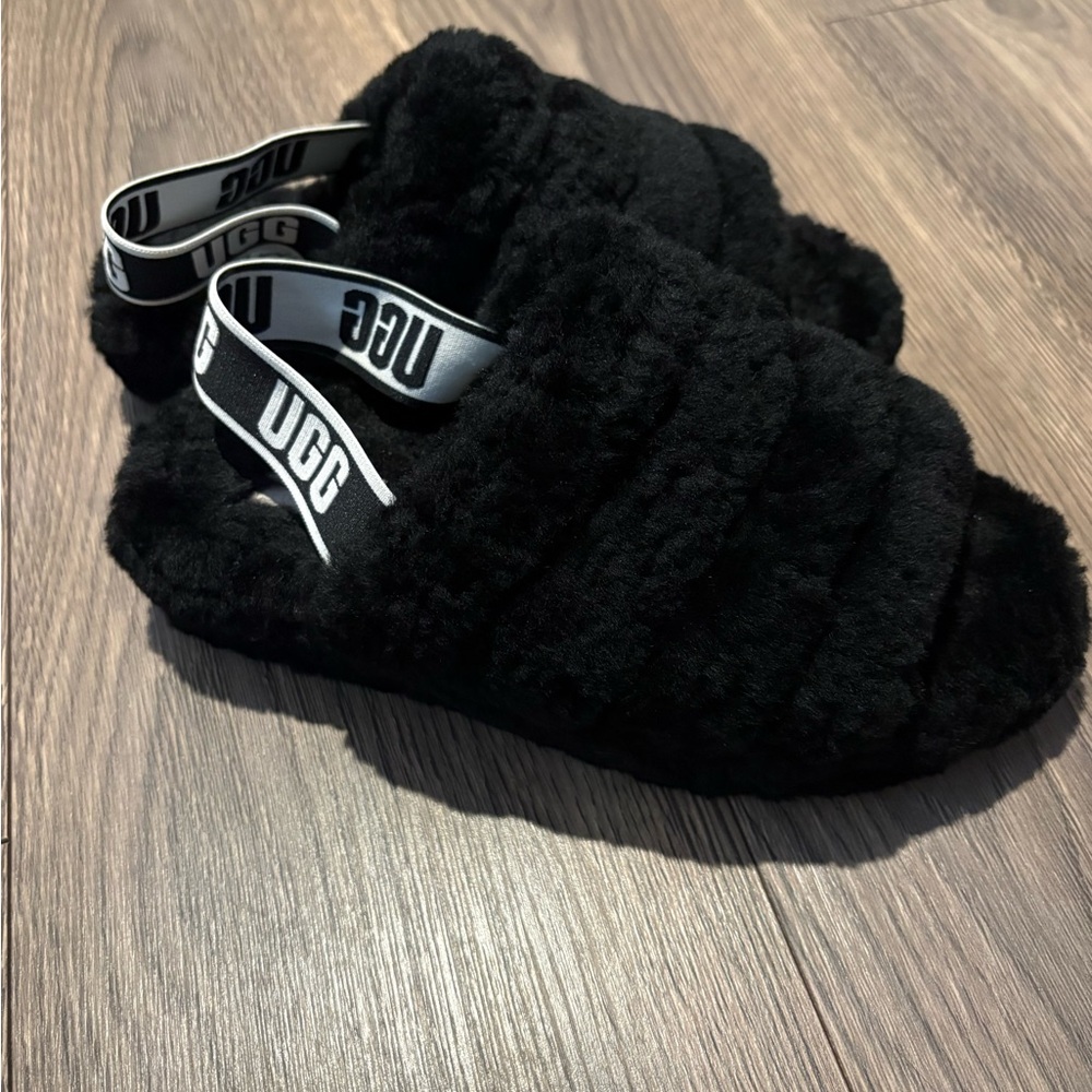 UGG Black Plush Slide Sandals with Branded Heel Strap